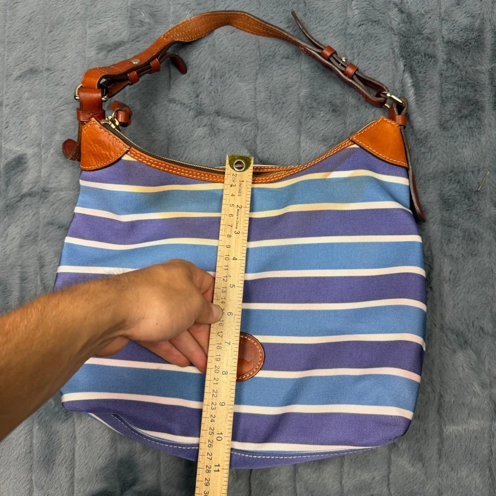 Dooney & Bourke Striped Canvas Hobo Bag Blue Purple Leather Trim Shoulder Bag